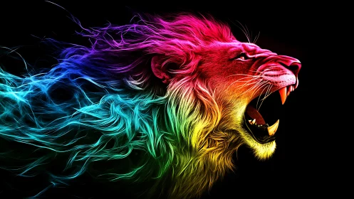 Roaring neon lion ignites the dark with swirling rainbow fire
