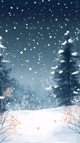 Wintry conifer forest under dense snowfall, stylized dusk palette