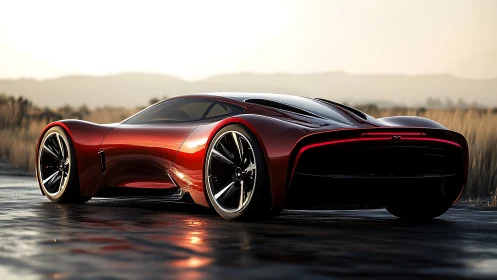 Red electric hypercar showcases sculpted aerodynamic silhouette.