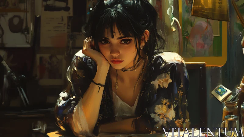 Melancholic woman in painterly studio interior under warm light