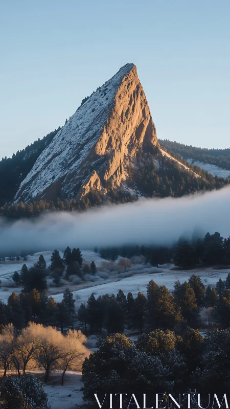Steep rock formation rises above winter forest and fog bank