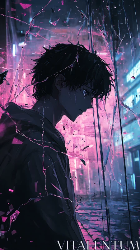Solitary youth behind shattered neon glass in rain-soaked city.