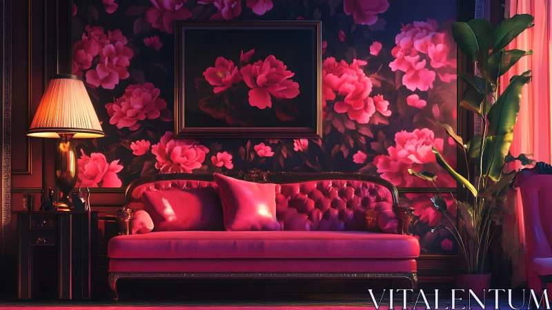 Velvet sofa glows as neon florals bloom across the walls