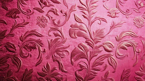 Ornate pink damask textile with raised floral scrollwork.
