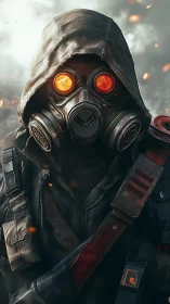 Hooded wasteland wanderer with glowing mask and quiet resolve.