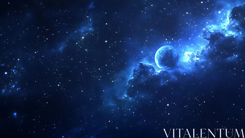 Blue nebula cradle and lone planet in star-salted night.