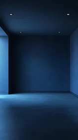 Dimly lit blue interior room with recessed ceiling lights.