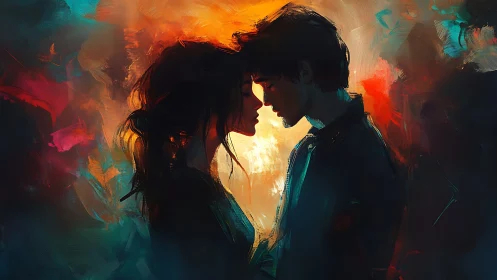 Two Figures in Silhouette: Intimate Moment Against Fiery Background.