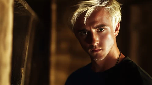 Golden-lit blond stranger stares through shadowed silence.