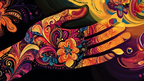 Chromatic vector hand with ornate floral spline filigree.