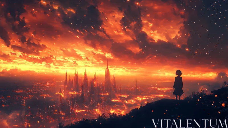 Silhouetted figure observing illuminated fiery cityscape horizon.