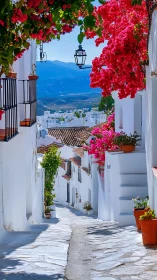 Narrow white village street with bougainvillea and hills beyond.