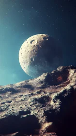 Lone cratered moon rises above rugged alien horizon in silence