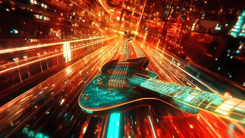 Electric guitar racing through neon city lights of sound.