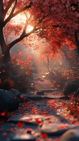 Sunlit cobblestone forest path under dense crimson canopy