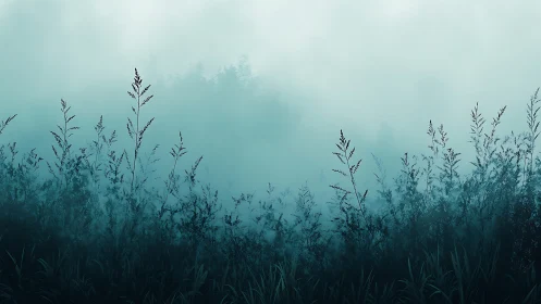 Mist-drenched grasses rise against pale teal morning fog