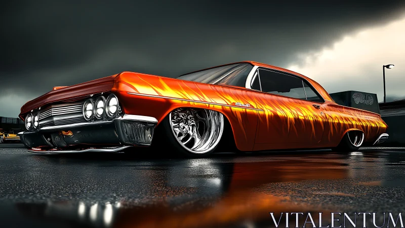 Lowrider muscle car with orange flame paint under storm clouds.