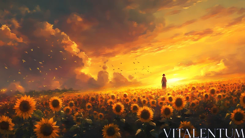 Backlit sunflower field with solitary figure under volumetric sunset
