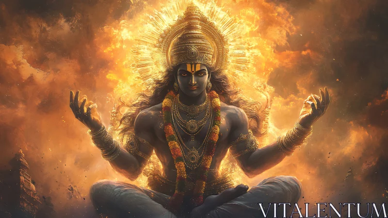 Divine figure sits in fiery aura with detailed golden ornaments