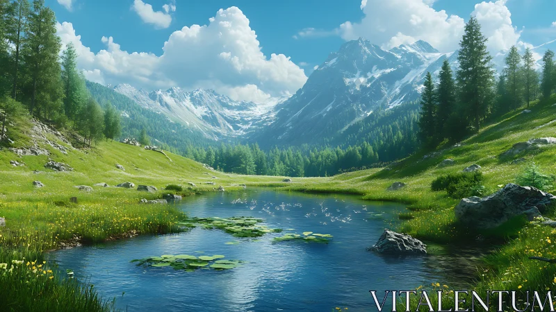 Mountain lake with meadow, pines, and distant snowy peaks.