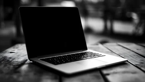 Open laptop rests on rustic wooden table in soft focus.