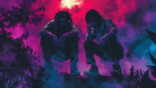 Two crouching figures silhouetted against neon storm sky