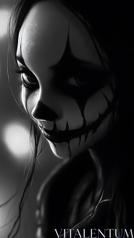 Shadowed skull-painted face glows softly in silver light