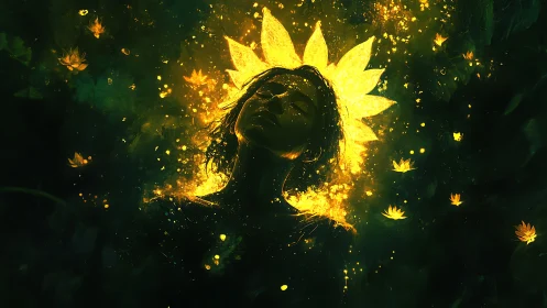 Woman’s dark silhouette framed by radiant yellow petals.