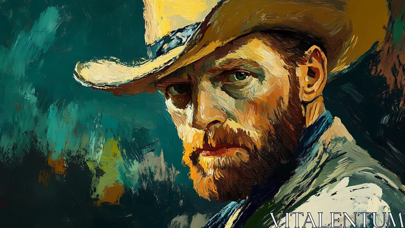 Sunburned drifter in oil-thick color storms of the West.