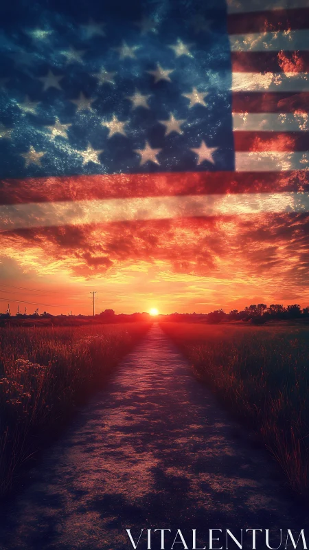 Sunlit road to horizon draped in translucent American flag.
