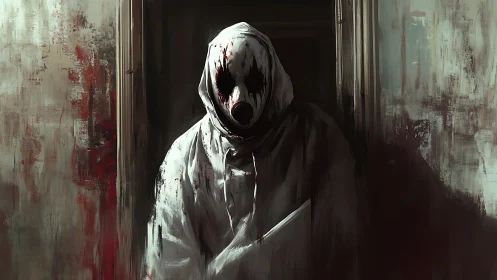 Hooded gasmask figure in bloodstained corridor doorway