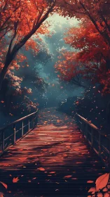 Autumn forest bridge glows under soft, misty morning light.