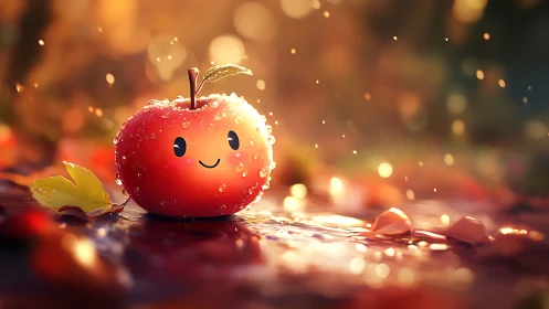 Cute dew kissed apple character in glowing autumn rain.