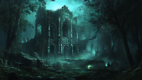 Ruined gothic cathedral in misty forest with bioluminescent glow