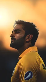 Side-lit athlete portrait in golden hour atmospheric field study.