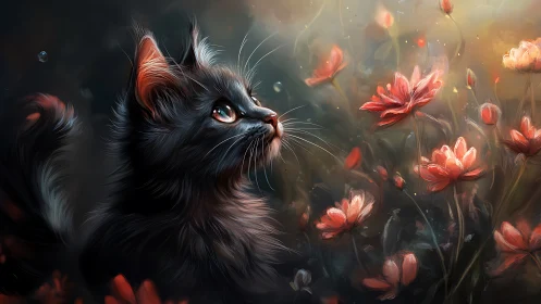 Black Cat Gazes Upward Among Blooming Red Flowers