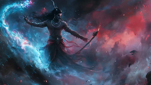 Mythic warrior channeling elemental vortex in cosmic storm