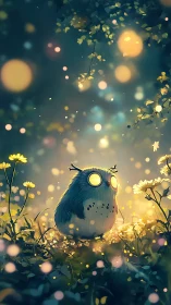Glowing-eyed forest owl under dreamy bokeh lights at dusk.