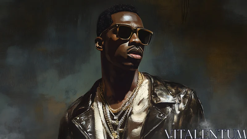 Cool confidence in gold chains and leather under soft light.