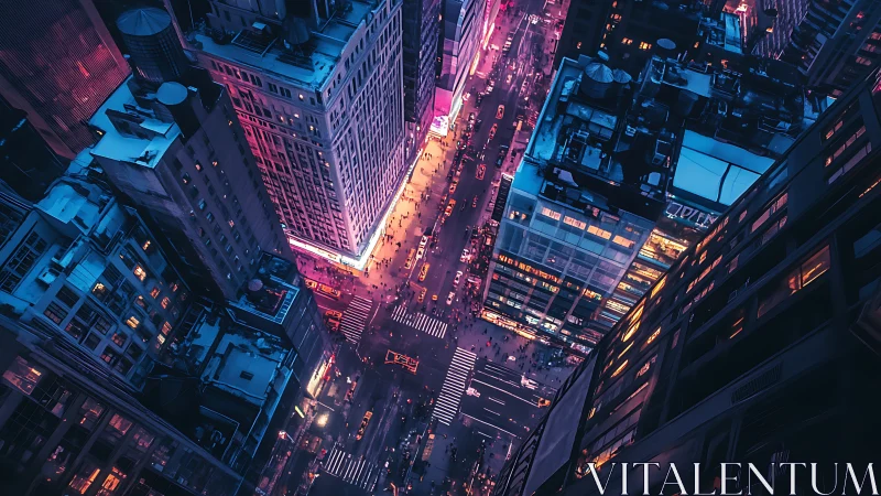 Cyberpunk aerial city corridor with neon-split perspective.