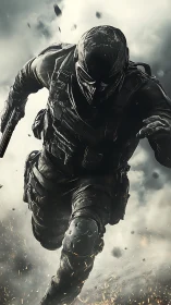 Storm-sprinting tactical warrior in shattering battle haze.