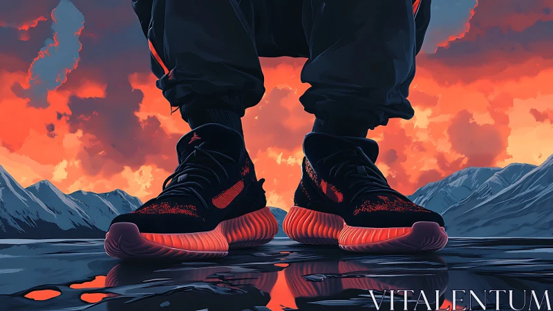 High contrast sneaker close-up on reflective ice at sunset