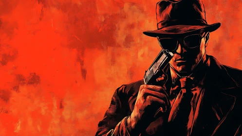 Noir gunman silhouette against high-saturation crimson ground.