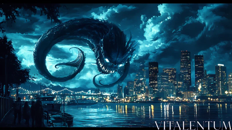 Moonlit sea serpent drifting above the glowing city harbor.