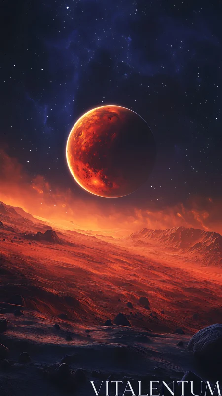 Lava-toned exoplanet horizon renders against star-dense night