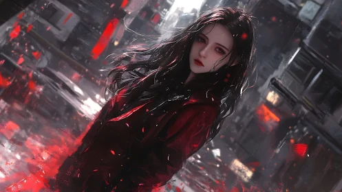 Dark-haired heroine stands amid neon-lit crimson storm.