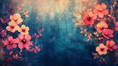 Coral Blossoms Dance Across Moody Blue Canvas