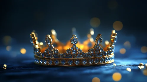 Golden jeweled crown rests in soft blue bokeh glow.