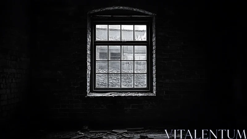 Dark empty room interior with single barred window view.