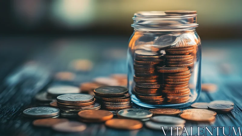 Glass jar of stacked coins on table, savings concept period.